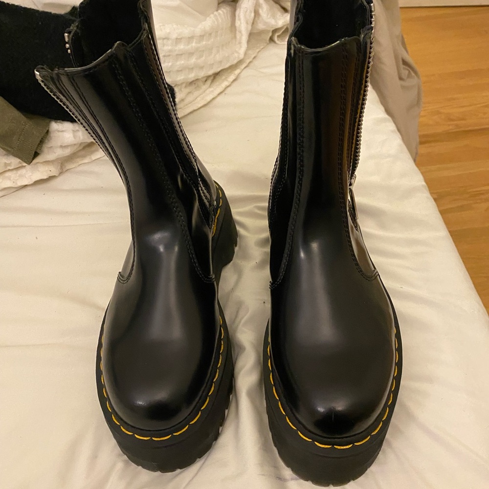 Dr. Martens Black Leather Combat Boots with Yellow Stitching - Picture 2 of 9
